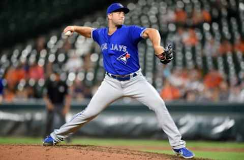 BALTIMORE, MD – AUGUST 01: Jason Adam #48 of the Toronto Blue Jays pitches against the Baltimore Orioles at Oriole Park at Camden Yards on August 1, 2019 in Baltimore, Maryland. (Photo by G Fiume/Getty Images)