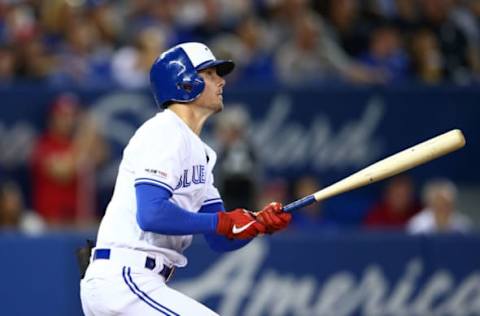 TORONTO, ON – SEPTEMBER 10: Cavan Biggio #8 of the Toronto Blue Jays hits a home run in the third inning during a MLB game against the Boston Red Sox at Rogers Centre on September 10, 2019 in Toronto, Canada. (Photo by Vaughn Ridley/Getty Images)