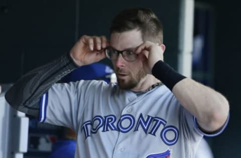 DETROIT, MI – JULY 21: Eric Sogard #5 of the Toronto Blue Jays puts on his glasses during a game against the Detroit Tigers at Comerica Park on July 21, 2019 in Detroit, Michigan. (Photo by Duane Burleson/Getty Images)