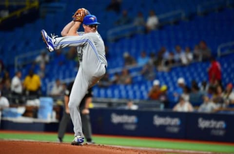 ST. PETERSBURG, FLORIDA – SEPTEMBER 05: Trent Thornton #57 of the Toronto Blue Jays pitches to the Tampa Bay Rays in the first inning of a baseball game at Tropicana Field on September 05, 2019 in St. Petersburg, Florida. (Photo by Julio Aguilar/Getty Images)