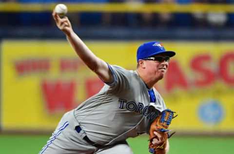 ST. PETERSBURG, FLORIDA – SEPTEMBER 05: Trent Thornton #57 of the Toronto Blue Jays pitches to the Tampa Bay Rays in the third inning of a baseball game at Tropicana Field on September 05, 2019 in St. Petersburg, Florida. (Photo by Julio Aguilar/Getty Images)