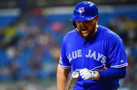 ST PETERSBURG, FLORIDA – SEPTEMBER 06: Rowdy Tellez #44 of the Toronto Blue Jays reacts after striking out to Cole Sulser #71 of the Tampa Bay Rays in the eighth inning at Tropicana Field on September 06, 2019 in St Petersburg, Florida. (Photo by Julio Aguilar/Getty Images)