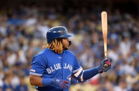 LOS ANGELES, CALIFORNIA – AUGUST 22: Vladimir Guerrero Jr. #27 of the Toronto Blue Jays at bat against the Los Angeles Dodgers, during the at Dodger Stadium on August 22, 2019 in Los Angeles, California. (Photo by Harry How/Getty Images)