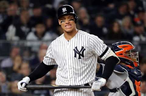 NEW YORK, NEW YORK – OCTOBER 15: Aaron Judge #99 of the New York Yankees reacts after striking out during the seventh inning against the Houston Astros in game three of the American League Championship Series at Yankee Stadium on October 15, 2019 in New York City. (Photo by Elsa/Getty Images)