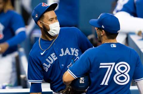 TORONTO, ON – JULY 09: Simeon Woods Richardson #87 of the Toronto Blue Jays wears a mask during an intrasquad game at Rogers Centre on July 9, 2020 in Toronto, Canada. (Photo by Mark Blinch/Getty Images)