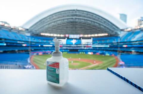 TORONTO, ON – JULY 09: Hand sanitizer is seen during a summer workout by the Toronto Blue Jays at Rogers Centre on July 9, 2020 in Toronto, Canada. (Photo by Mark Blinch/Getty Images)