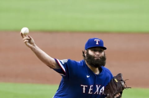 SAN DIEGO, CA – AUGUST 19: Lance Lynn #35 of the Texas Rangers pitches during the first inning against the San Diego Padres at Petco Park on August 19, 2020 in San Diego, California. (Photo by Denis Poroy/Getty Images)