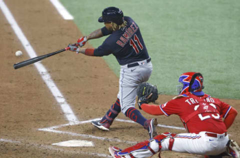 ARLINGTON, TX – OCTOBER 1: Jose Ramirez #11 of the Cleveland Indians singles and drives in two runs against the Texas Rangers during the third inning at Globe Life Field on October 1, 2021 in Arlington, Texas. (Photo by Ron Jenkins/Getty Images)