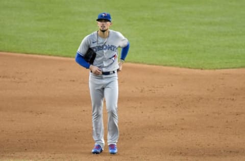 WASHINGTON, DC – JULY 28: Cavan Biggio #8 of the Toronto Blue Jays walks to the outfield during the game against the Washington Nationals at Nationals Park on July 28, 2020 in Washington, DC. (Photo by G Fiume/Getty Images)