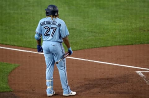 BUFFALO, NEW YORK – AUGUST 26: Vladimir Guerrero Jr. #27 of the Toronto Blue Jays during the fourth inning against the Boston Red Sox at Sahlen Field on August 26, 2020 in Buffalo, New York. The Blue Jays are the home team and are playing their home games in Buffalo due to the Canadian government’s policy on coronavirus (COVID-19). (Photo by Bryan M. Bennett/Getty Images)