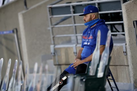 BUFFALO, NEW YORK – SEPTEMBER 09: Rowdy Tellez #44 of the Toronto Blue Jays sits in the stands after being placed on the IL with a right knee strain during a game between the Toronto Blue Jays and the New York Yankees at Sahlen Field on September 09, 2020 in Buffalo, New York. The Blue Jays are the home team and are playing their home games in Buffalo due to the Canadian government’s policy on coronavirus (COVID-19). (Photo by Bryan M. Bennett/Getty Images)