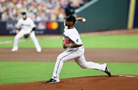 HOUSTON, TEXAS – OCTOBER 08: Sixto Sanchez #73 of the Miami Marlins delivers a pitch during the first inning against the Atlanta Braves in Game Three of the National League Division Series at Minute Maid Park on October 08, 2020 in Houston, Texas. (Photo by Elsa/Getty Images)