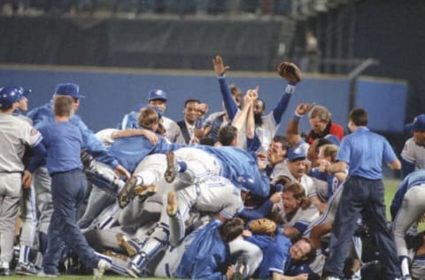 ATLANTA, GA – OCTOBER 24: The Toronto Blue Jays celebrates after they defeated the Atlanta Braves for 1992 Major League Baseball World Series on October 24, 1992 at Atlanta-Fulton County Stadium. The Blue Jays won the series 4 games to 2. (Photo by Focus on Sport/Getty Images) *** Local Caption ***