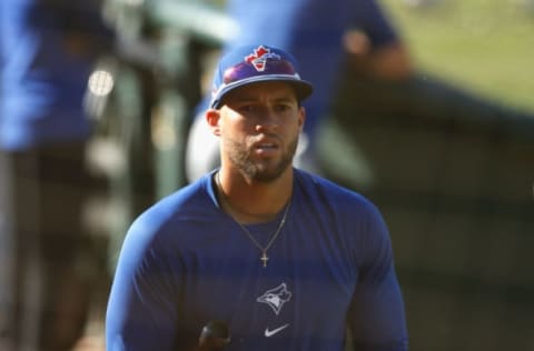 OAKLAND, CALIFORNIA – MAY 03: George Springer #4 of the Toronto Blue Jays looks on during batting practice before the game against the Oakland Athletics at RingCentral Coliseum on May 03, 2021 in Oakland, California. (Photo by Lachlan Cunningham/Getty Images)