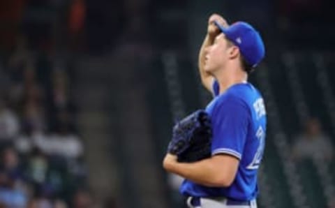 HOUSTON, TEXAS – MAY 09: Nate Pearson #24 of the Toronto Blue Jays looks on after walking Michael Brantley #23 of the Houston Astros to load the bases at Minute Maid Park on May 09, 2021 in Houston, Texas. (Photo by Carmen Mandato/Getty Images)