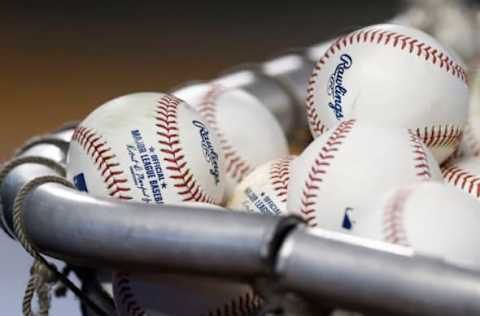 MIAMI, FLORIDA – JUNE 22: A detail of baseballs as seen during batting practice prior to the game between the Miami Marlins and the Toronto Blue Jays at loanDepot park on June 22, 2021 in Miami, Florida. (Photo by Michael Reaves/Getty Images)