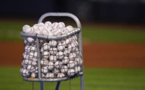 MIAMI, FLORIDA – JUNE 23: Rawlings baseballs in the cart during batting practice prior to the game against the Miami Marlins at loanDepot park on June 23, 2021 in Miami, Florida. (Photo by Mark Brown/Getty Images)