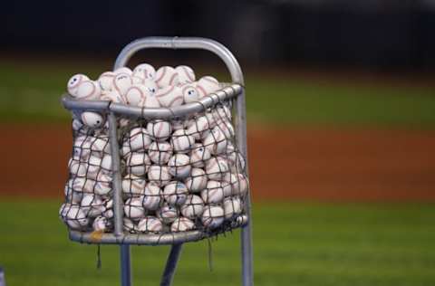 MIAMI, FLORIDA – JUNE 23: Rawlings baseballs in the cart during batting practice prior to the game against the Miami Marlins at loanDepot park on June 23, 2021 in Miami, Florida. (Photo by Mark Brown/Getty Images)