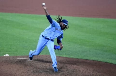 BALTIMORE, MARYLAND – JULY 07: Rafael Dolis #41 of the Toronto Blue Jays pitches against the Baltimore Orioles at Oriole Park at Camden Yards on July 07, 2021 in Baltimore, Maryland. (Photo by G Fiume/Getty Images)