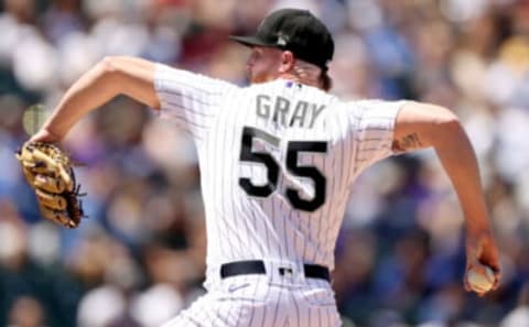 DENVER, COLORADO – JULY 18: Starting pitcher Jon Gray #55 of the Colorado Rockies throws against the Los Angeles Dodgers in the second inning at Coors Field on July 18, 2021 in Denver, Colorado. (Photo by Matthew Stockman/Getty Images)