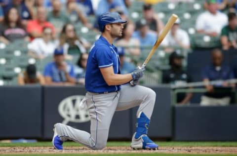 MILWAUKEE, WISCONSIN – JULY 20: Ryan McBroom #9 of the Kansas City Royals up to bat against the Milwaukee Brewers at American Family Field on July 20, 2021 in Milwaukee, Wisconsin. Royals defeated the Brewers 5-2. (Photo by John Fisher/Getty Images)