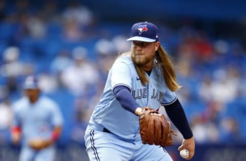 TORONTO, ON – AUGUST 08: Kirby Snead #60 of the Toronto Blue Jays delivers a pitch during a MLB game against the Boston Red Sox at Rogers Centre on August 08, 2021 in Toronto, Canada. (Photo by Vaughn Ridley/Getty Images)