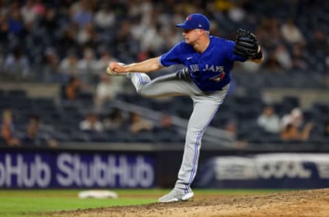 NEW YORK, NY – SEPTEMBER 08: Trevor Richards #33 of the Toronto Blue Jays in action during a game against the New York Yankees at Yankee Stadium on September 8, 2021 in New York City. (Photo by Rich Schultz/Getty Images)