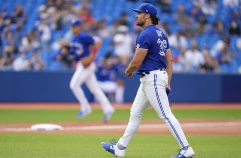 TORONTO, ONTARIO – SEPTEMBER 15: Robbie Ray #38 of the Toronto Blue Jays walks off the mound against the Tampa Bay Rays in the seventh inning during their MLB game at the Rogers Centre on September 15, 2021 in Toronto, Ontario, Canada. (Photo by Mark Blinch/Getty Images)