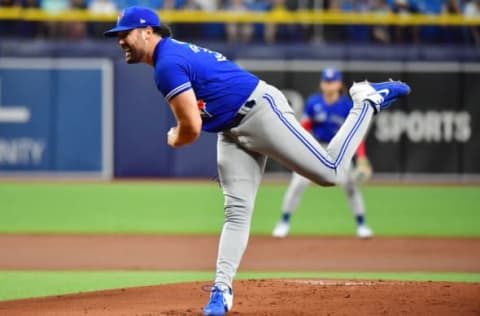 ST PETERSBURG, FLORIDA – SEPTEMBER 20: Robbie Ray #38 of the Toronto Blue Jays delivers a pitch to the Tampa Bay Rays in the first inning at Tropicana Field on September 20, 2021 in St Petersburg, Florida. (Photo by Julio Aguilar/Getty Images)