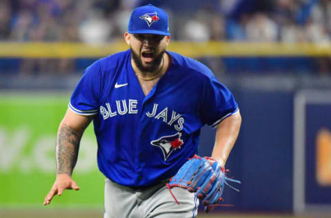 ST PETERSBURG, FLORIDA – SEPTEMBER 21: Alek Manoah #6 of the Toronto Blue Jays reacts after striking out Yandy Diaz of the Tampa Bay Rays to end the second inning at Tropicana Field on September 21, 2021 in St Petersburg, Florida. (Photo by Julio Aguilar/Getty Images)