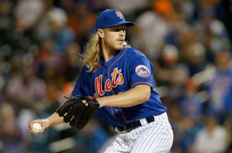 NEW YORK, NEW YORK – SEPTEMBER 28: Noah Syndergaard #34 of the New York Mets pitches during the first inning in game 2 of a double header against the Miami Marlins at Citi Field on September 28, 2021 in New York City. The Mets defeated the Marlins 2-1 in nine innings. (Photo by Jim McIsaac/Getty Images)