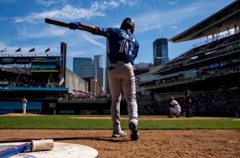 MINNEAPOLIS, MN – SEPTEMBER 26: Marcus Semien #10 of the Toronto Blue Jays takes a practice swing in the on deck circle before batting in the third inning of the game against the Minnesota Twins at Target Field on September 26, 2021 in Minneapolis, Minnesota. (Photo by Stephen Maturen/Getty Images)