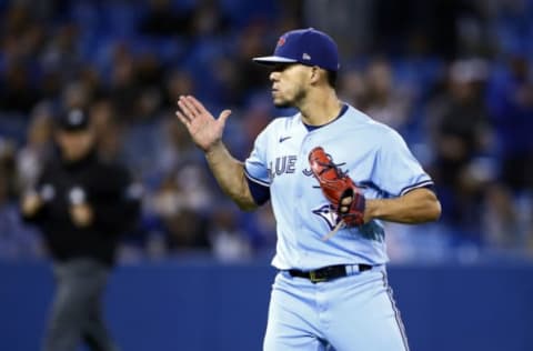 TORONTO, ON – SEPTEMBER 29: Jose Berrios #17 of the Toronto Blue Jays reacts after the final out of the sixth inning during a MLB game against the New York Yankees at Rogers Centre on September 29, 2021 in Toronto, Ontario, Canada. (Photo by Vaughn Ridley/Getty Images)