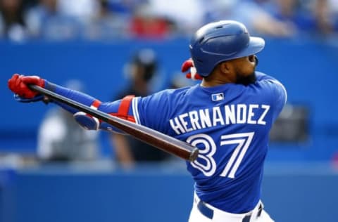 TORONTO, ON – OCTOBER 02: Teoscar Hernandez #37 of the Toronto Blue Jays bats during a MLB game against the Baltimore Orioles at Rogers Centre on October 2, 2021 in Toronto, Ontario, Canada. (Photo by Vaughn Ridley/Getty Images)