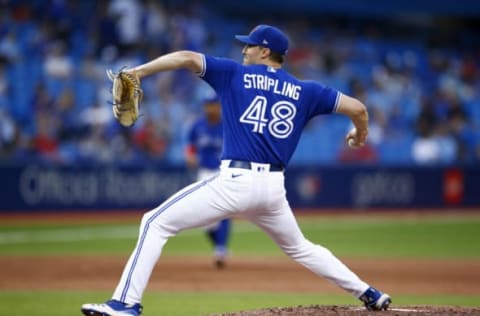 TORONTO, ON – OCTOBER 02: Ross Stripling #48 of the Toronto Blue Jays delivers a pitch during a MLB game against the Baltimore Orioles at Rogers Centre on October 2, 2021 in Toronto, Ontario, Canada. (Photo by Vaughn Ridley/Getty Images)