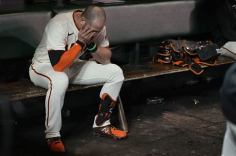 SAN FRANCISCO, CALIFORNIA – OCTOBER 14: Evan Longoria #10 of the San Francisco Giants reacts after losing to the Los Angeles Dodgers 2-1 in game 5 of the National League Division Series at Oracle Park on October 14, 2021 in San Francisco, California. (Photo by Thearon W. Henderson/Getty Images)