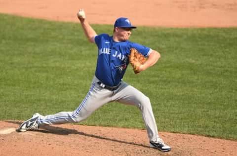 BALTIMORE, MD – SEPTEMBER 12: Trent Thornton #57 of the Toronto Blue Jays pitches during a baseball game against the Baltimore Orioles at Oriole Park at Camden Yards on September 12, 2021 in Baltimore, Maryland. (Photo by Mitchell Layton/Getty Images)