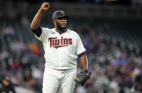 MINNEAPOLIS, MN – SEPTEMBER 23: Michael Pineda #35 of the Minnesota Twins celebrates against the Toronto Blue Jays on September 23, 2021 at Target Field in Minneapolis, Minnesota. (Photo by Brace Hemmelgarn/Minnesota Twins/Getty Images)