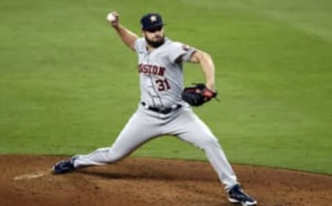 ATLANTA, GEORGIA – OCTOBER 31: Kendall Graveman #31 of the Houston Astros delivers the pitch against the Atlanta Braves during the ninth inning in Game Five of the World Series at Truist Park on October 31, 2021 in Atlanta, Georgia. (Photo by Michael Zarrilli/Getty Images)