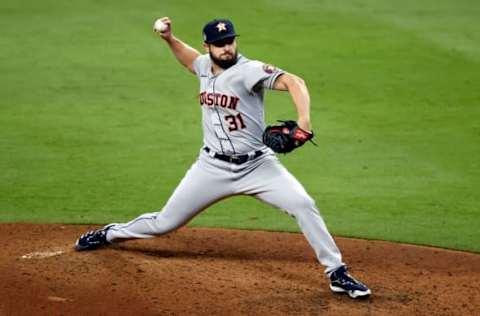 ATLANTA, GEORGIA – OCTOBER 31: Kendall Graveman #31 of the Houston Astros delivers the pitch against the Atlanta Braves during the ninth inning in Game Five of the World Series at Truist Park on October 31, 2021 in Atlanta, Georgia. (Photo by Michael Zarrilli/Getty Images)