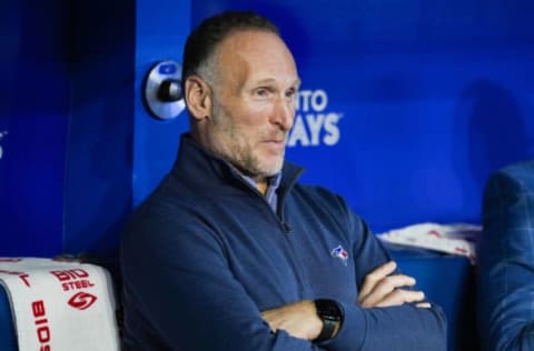 TORONTO, ON – APRIL 15: Toronto Blue Jays president Mark Shapiro looks on during warm up before his team plays the Oakland Athletics in their MLB game at the Rogers Centre on April 15, 2022 in Toronto, Ontario, Canada. (Photo by Mark Blinch/Getty Images)