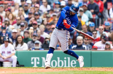 BOSTON, MA – APRIL 21: Cavan Biggio #8 of the Toronto Blue Jays bats during the game against the Boston Red Sox at Fenway Park on Thursday April 21, 2022 in Boston, Massachusetts. (Photo by Rob Tringali/SportsChrome/Getty Images)