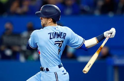 TORONTO, ON – MAY 1: Bradley Zimmer #7 of the Toronto Blue Jays bats during a MLB game against the Houston Astros at Rogers Centre on May 1, 2022 in Toronto, Ontario, Canada. (Photo by Vaughn Ridley/Getty Images)