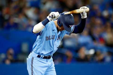 TORONTO, ON – MAY 1: Bradley Zimmer #7 of the Toronto Blue Jays bats during a MLB game against the Houston Astros at Rogers Centre on May 1, 2022 in Toronto, Ontario, Canada. (Photo by Vaughn Ridley/Getty Images)