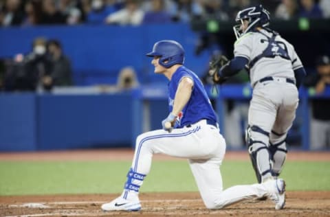 TORONTO, ON – MAY 02: Matt Chapman #26 of the Toronto Blue Jays strikes out swinging in the sixth inning of their MLB game against the New York Yankees at Rogers Centre on May 2, 2022 in Toronto, Canada. (Photo by Cole Burston/Getty Images)