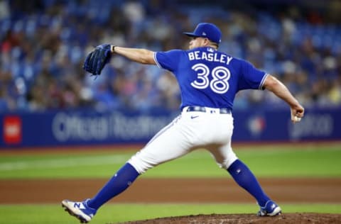 TORONTO, ON – JUNE 16: Jeremy Beasley #38 of the Toronto Blue Jays delivers a pitch during a MLB game against the Baltimore Orioles at Rogers Centre on June 16, 2022 in Toronto, Ontario, Canada. (Photo by Vaughn Ridley/Getty Images)