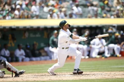 OAKLAND, CA – JUNE 5: Kevin Smith #1 of the Oakland Athletics bats during the game against the Boston Red Sox at RingCentral Coliseum on June 5, 2022 in Oakland, California. The Red Sox defeated the Athletics 5-2. (Photo by Michael Zagaris/Oakland Athletics/Getty Images)