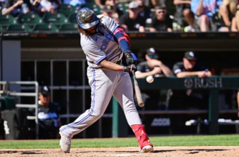 CHICAGO, ILLINOIS – JUNE 22: Vladimir Guerrero Jr. #27 of the Toronto Blue Jays bats against the Chicago White Sox at Guaranteed Rate Field on June 22, 2022 in Chicago, Illinois. (Photo by Quinn Harris/Getty Images)