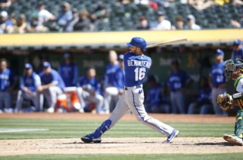 OAKLAND, CA – JUNE 18: Andrew Benintendi #16 of the Kansas City Royals bats during the game against the Oakland Athletics at RingCentral Coliseum on June 18, 2022 in Oakland, California. The Royals defeated the Athletics 2-0. (Photo by Michael Zagaris/Oakland Athletics/Getty Images)