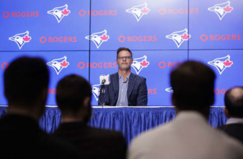 TORONTO, ON – JULY 13: Ross Atkins general manager of the Toronto Blue Jays speaks during a press conference after naming John Schneider the interim manager of the team, at Rogers Centre on July 13, 2022 in Toronto, Canada. (Photo by Cole Burston/Getty Images)